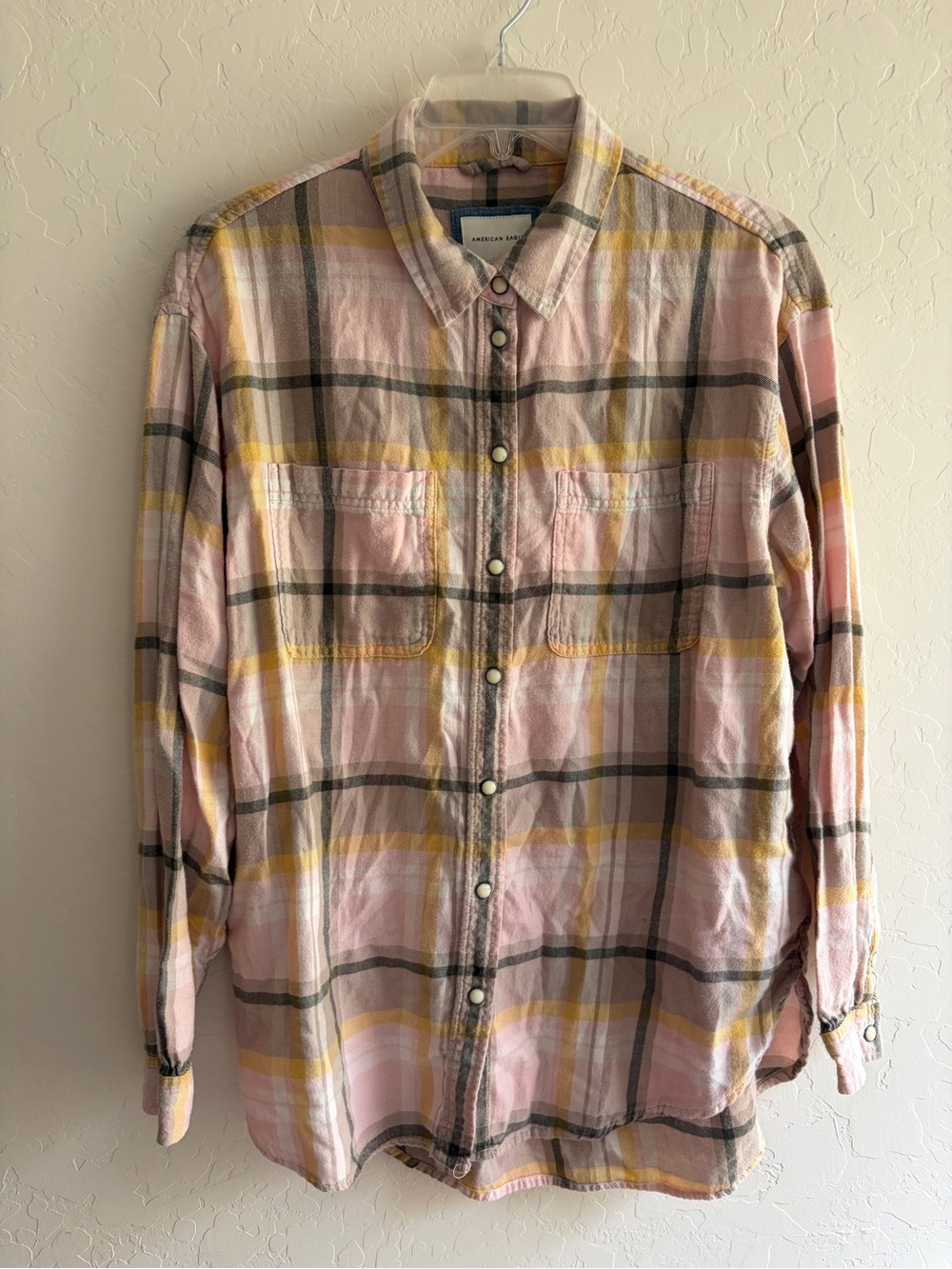 American Eagle Outfitters Pink & Yellow Plaid Button-Up Shirt Jacket